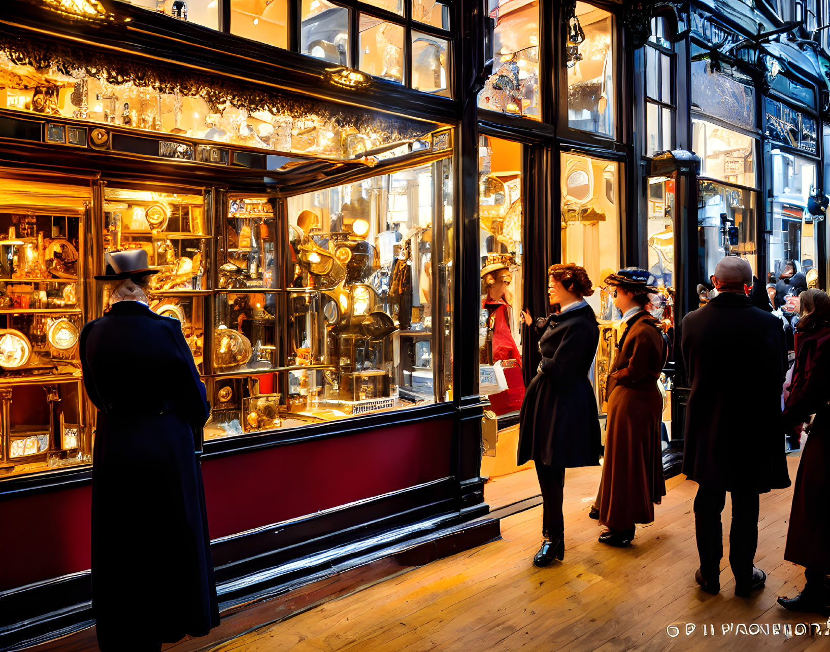 Victorian-dressed people viewing vintage clocks in antique shop window at night