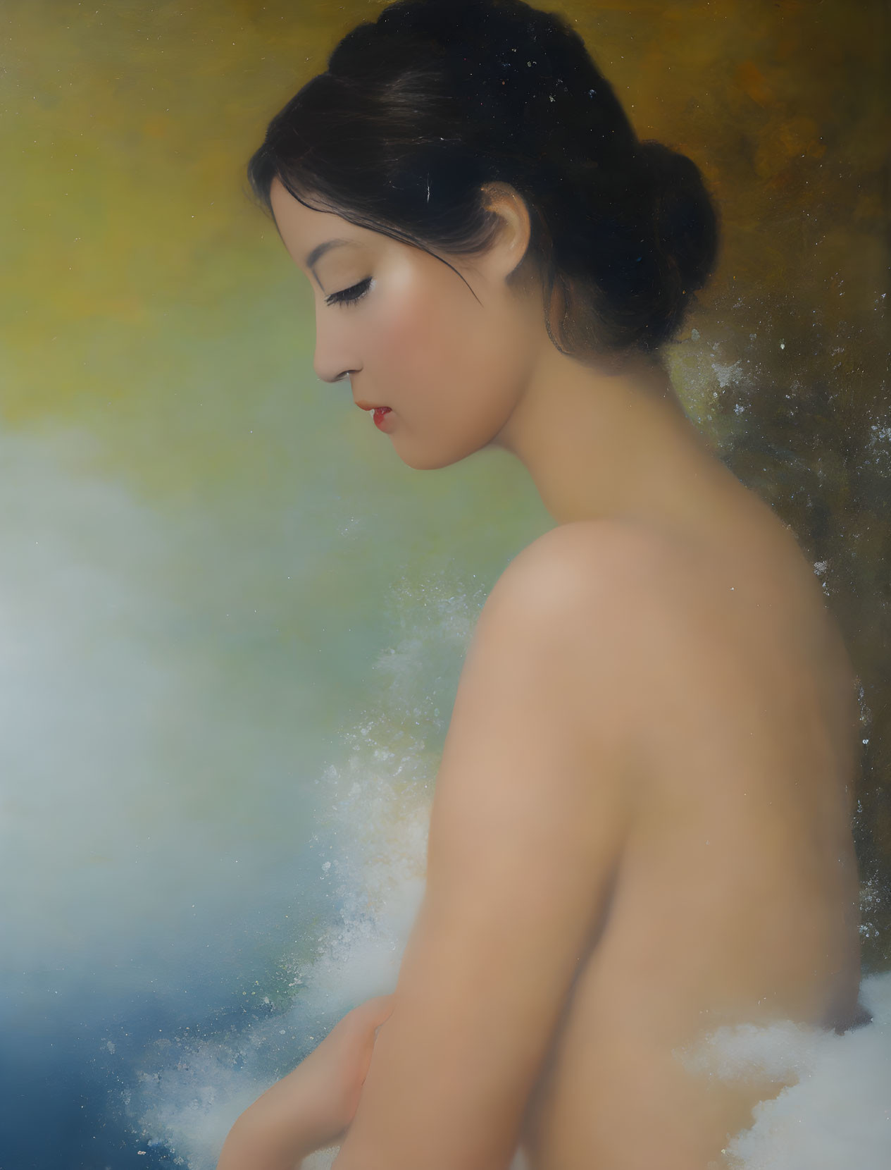 Portrait of woman with bare back, head tilted, against misty background