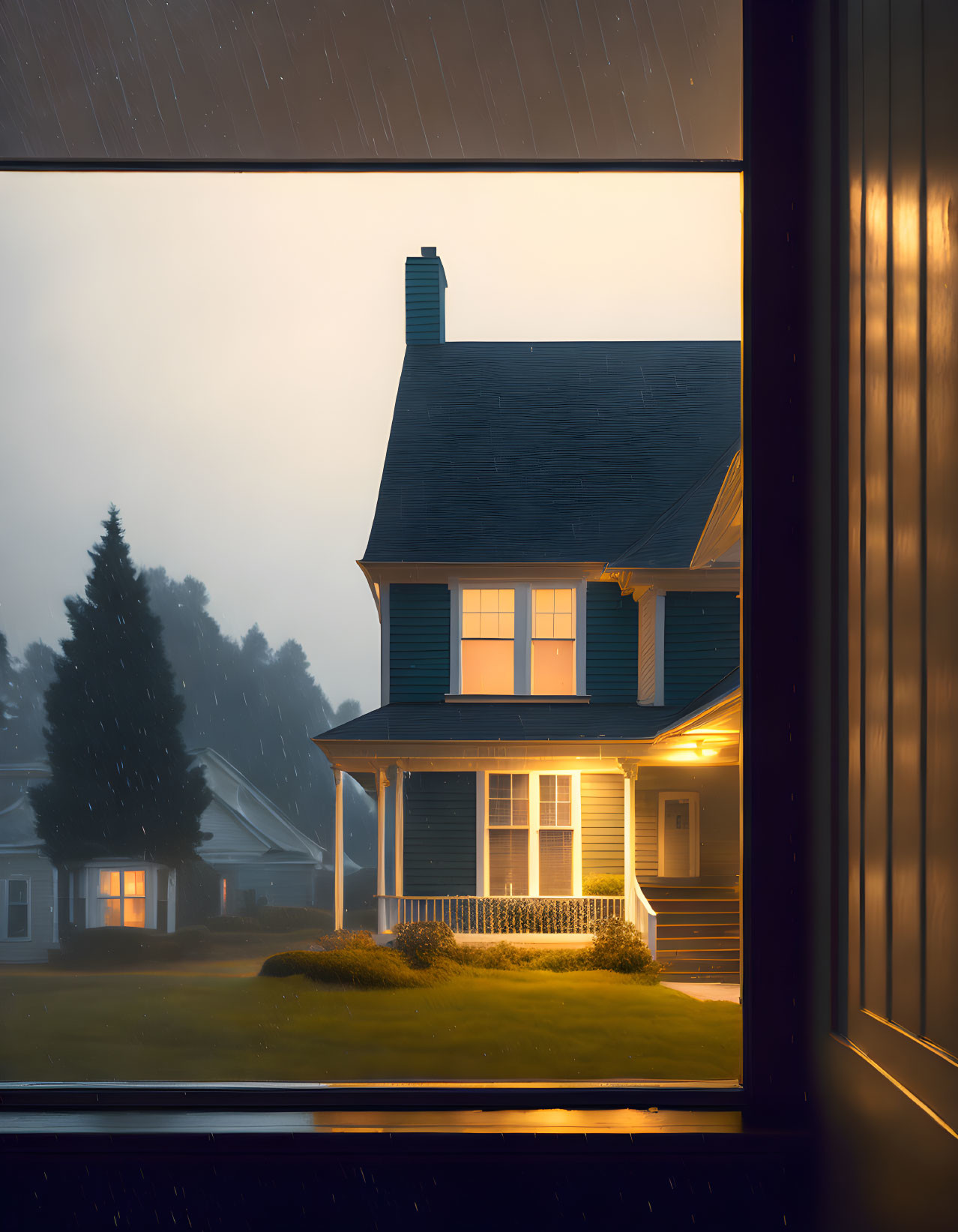 Cozy two-story house with porch lights on rainy evening