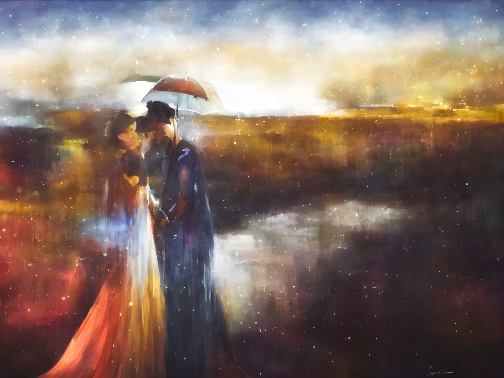 Couple under umbrella surrounded by vibrant abstract colors