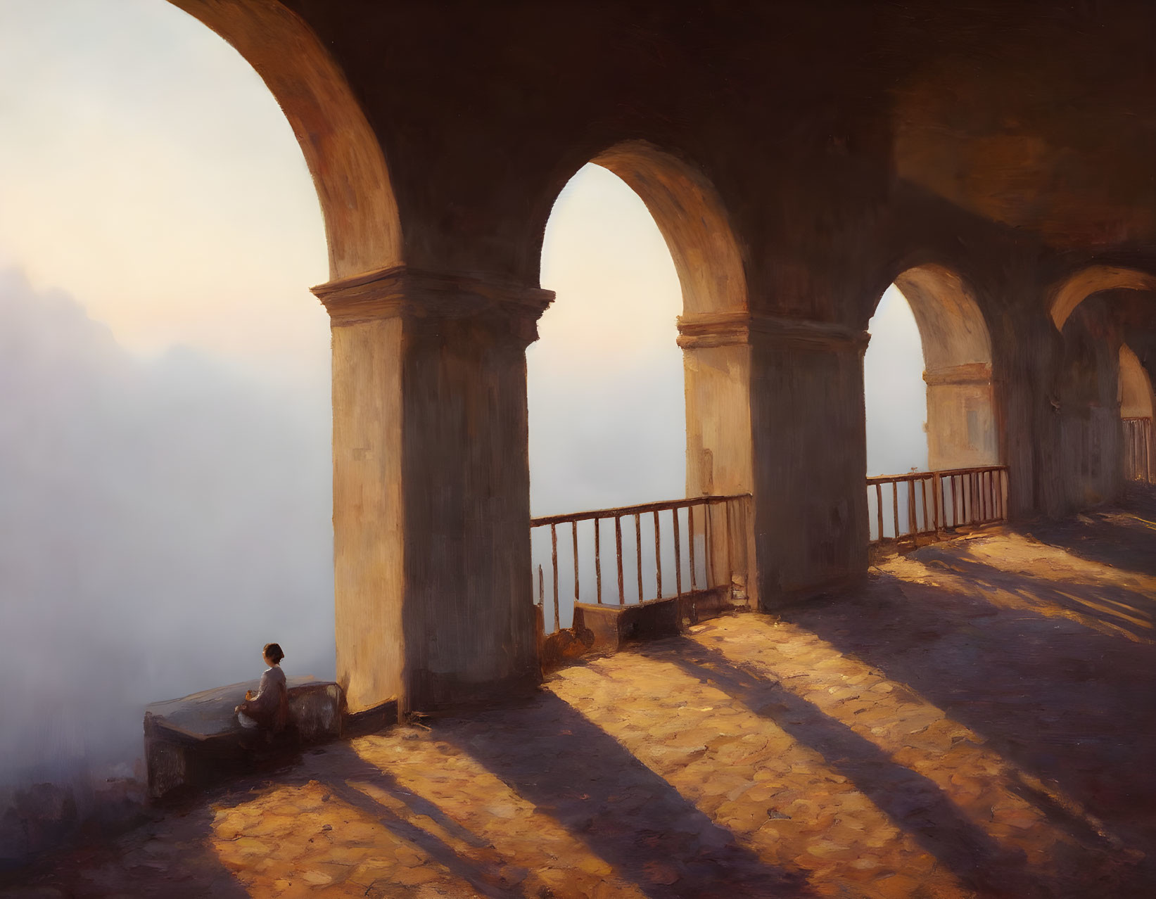 Person sitting on bench under archway in serene setting with long shadows and hazy background.