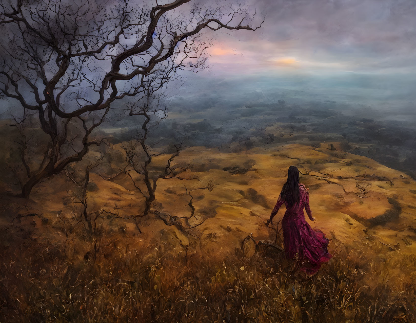 Woman in pink dress admires vast field at dusk