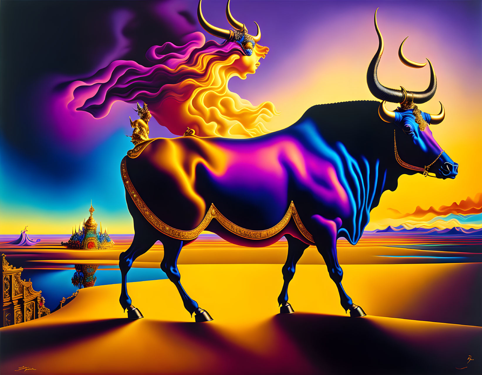 Colorful surreal artwork: Blue bull with golden horns in vibrant landscape