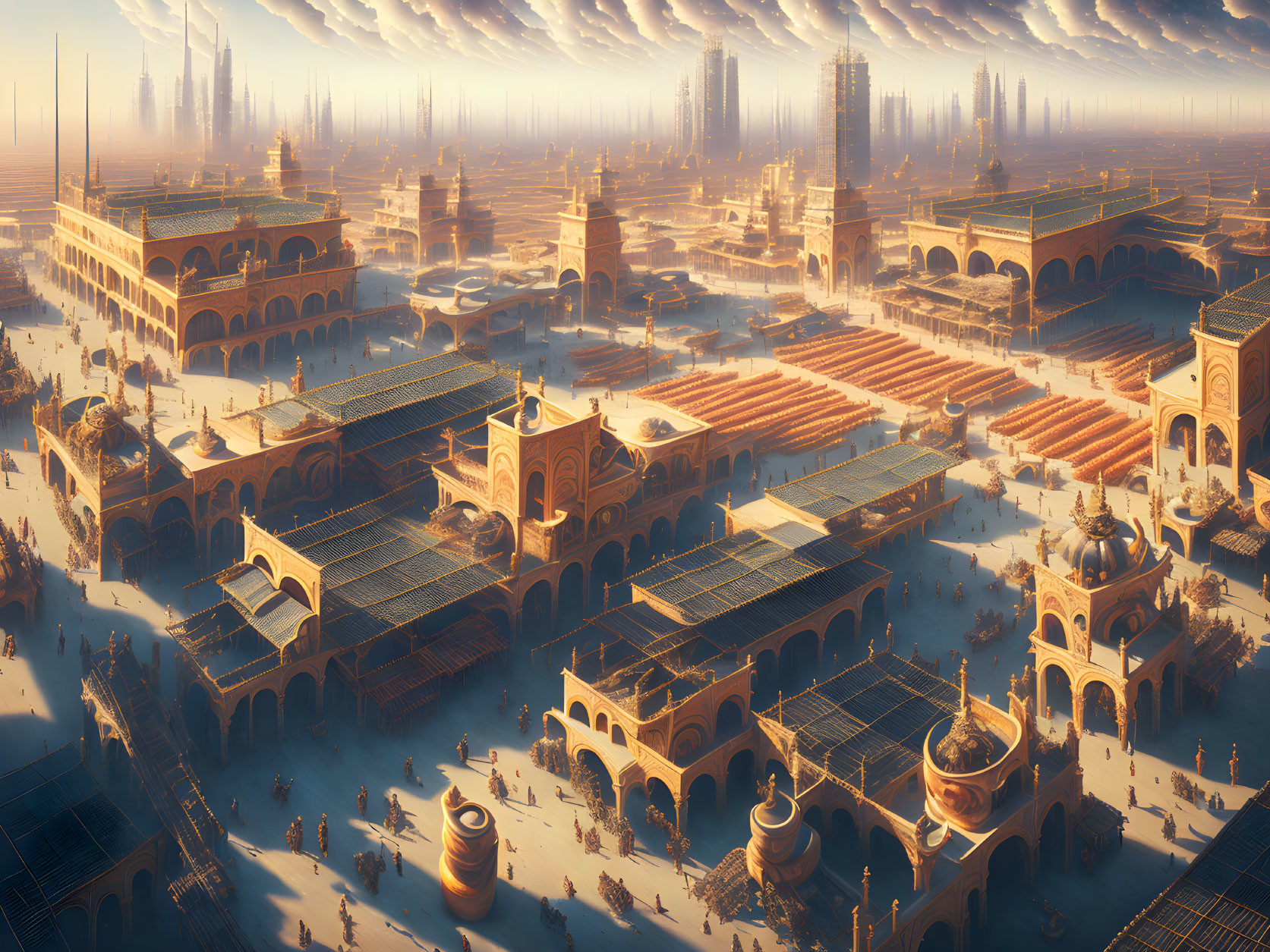 Desert cityscape with terracotta buildings and domes under layered clouds