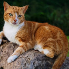 Orange Tabby Cat with Unique Markings on Mechanical Contraption in Green Foliage