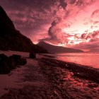 Misty Path with Lone Figure in Flowing Robe and Brooding Red Sky