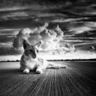 Giant Cat in Monochrome Landscape with Mountains and Astronauts