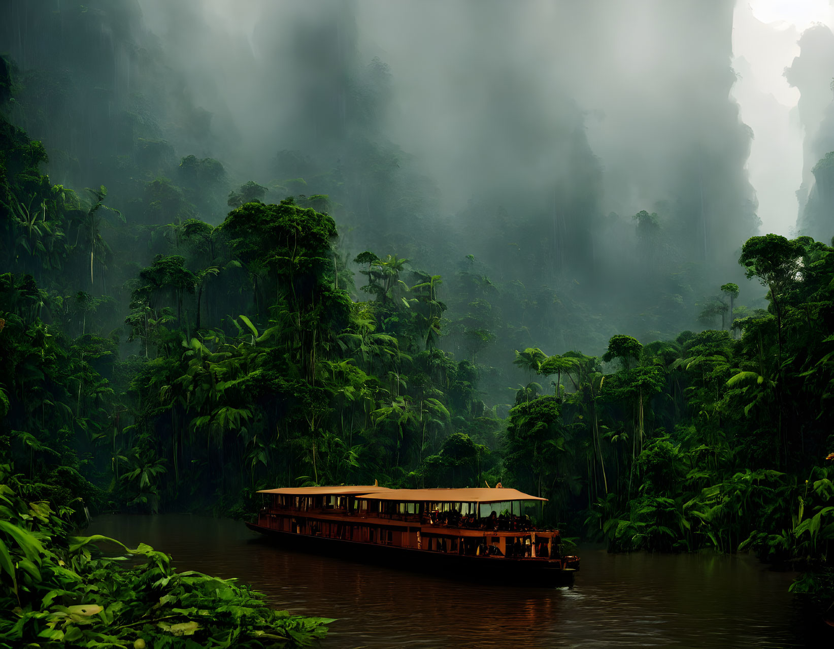 Boat navigating misty river through lush jungle under dramatic sky