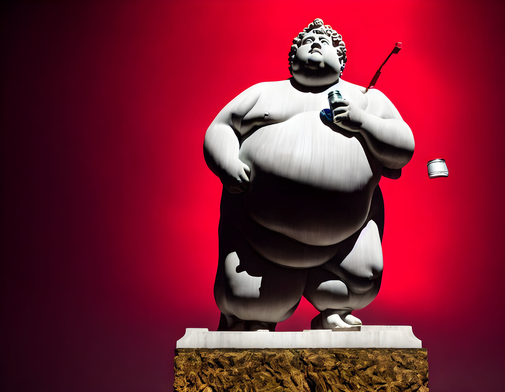 Rotund statue of jovial figure with selfie stick and beverage on red background