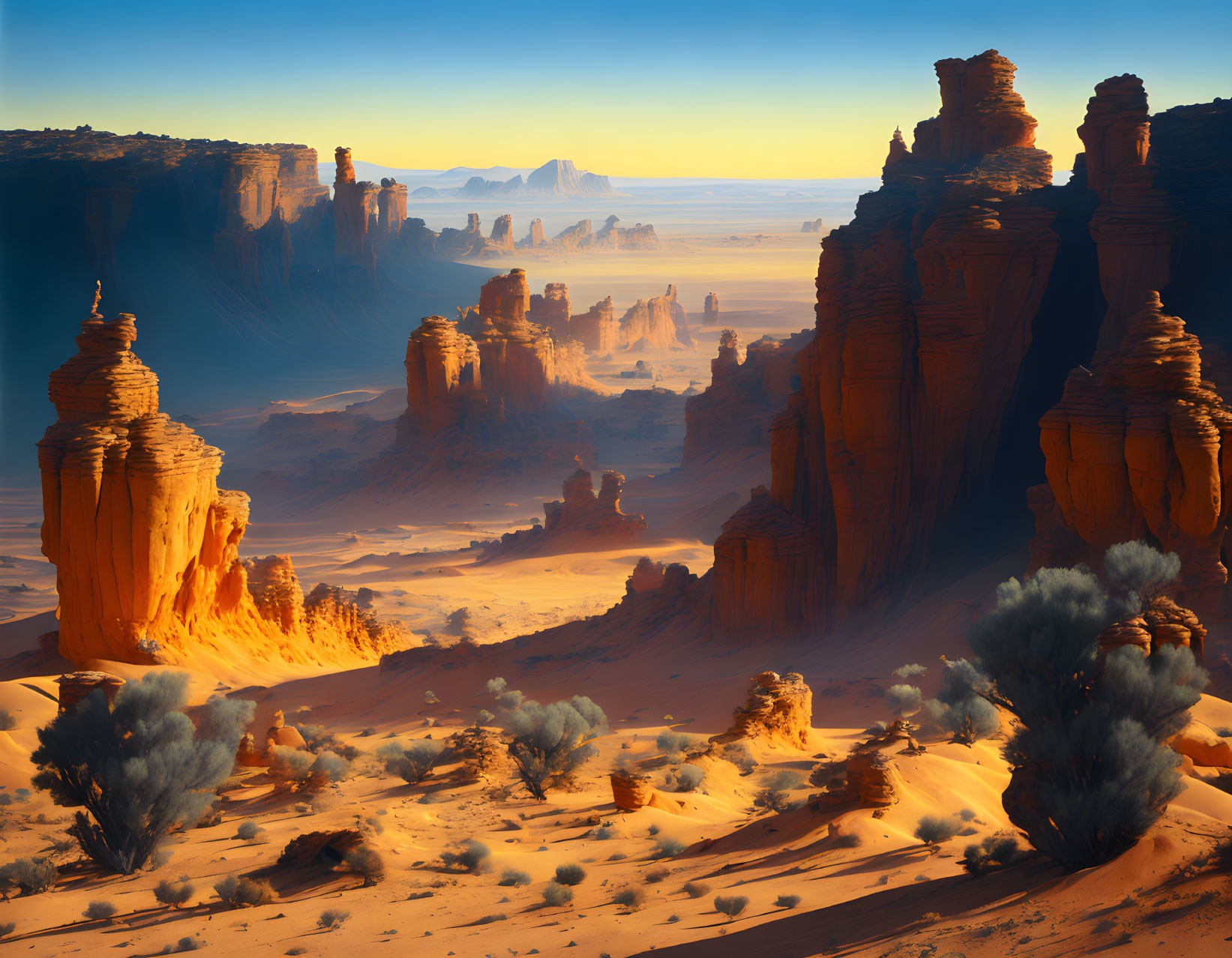 Desert landscape with sandstone formations at sunset