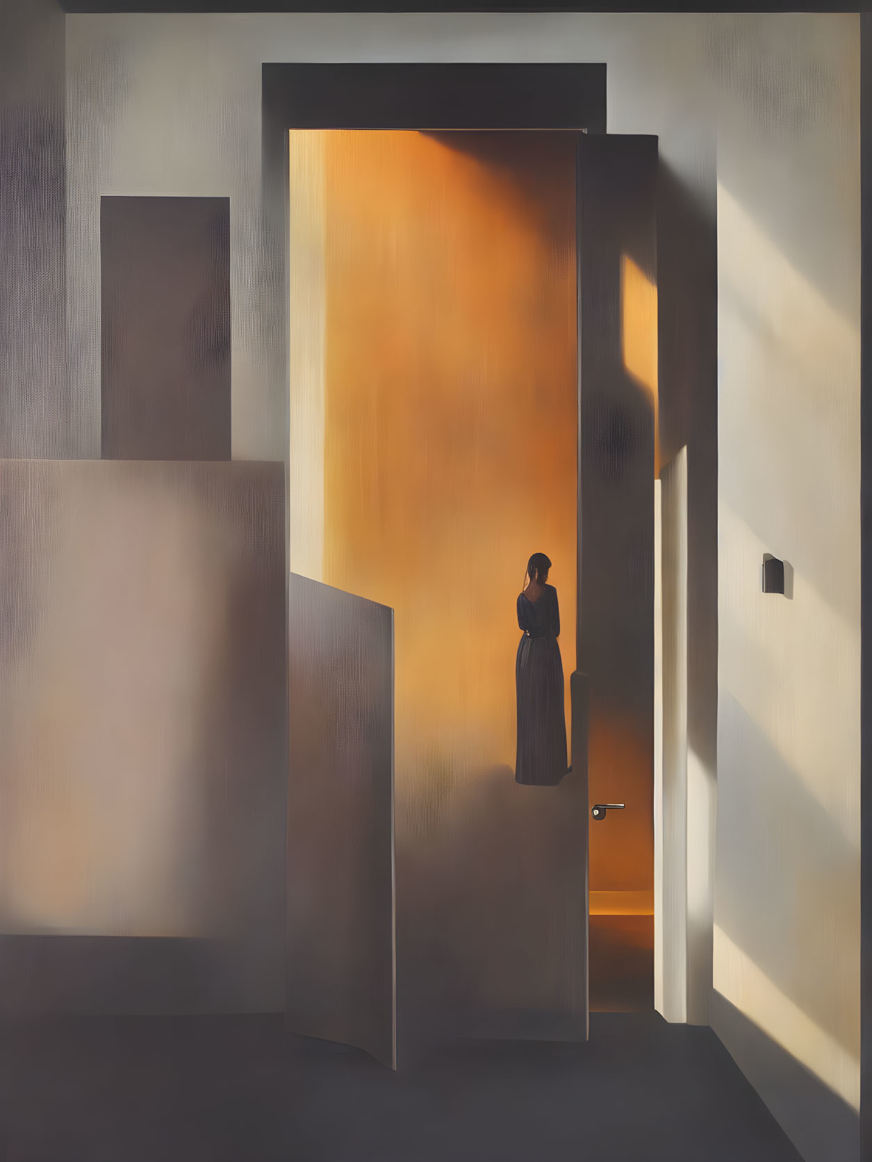 Solitary figure in doorway with geometric shadows