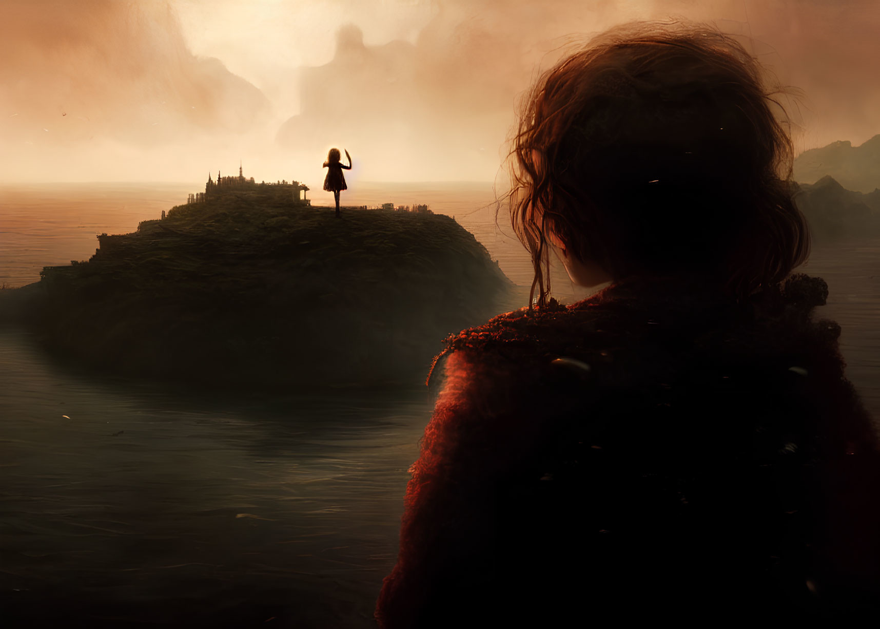 Silhouetted person on distant hilltop under dramatic red sky observed by foreground figure.