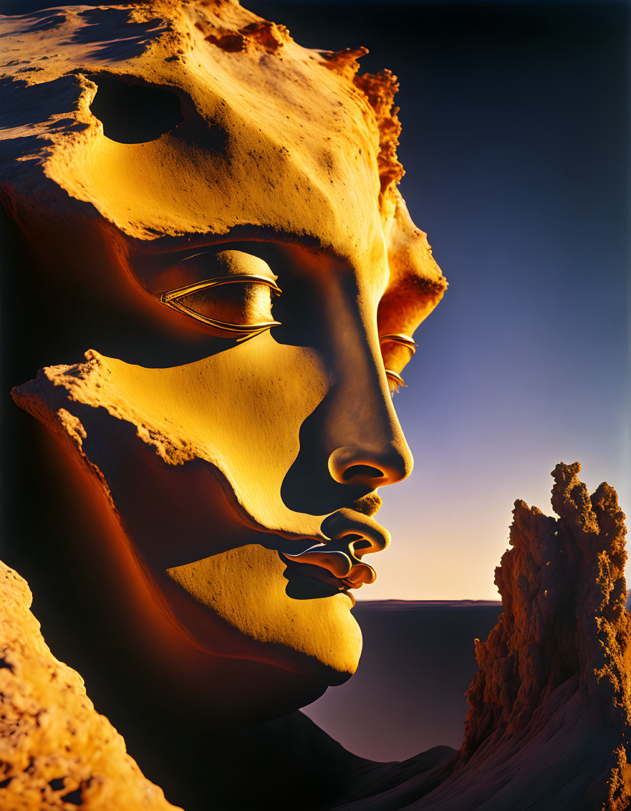 Rocky landscape morphs into human face profile with warm lighting & deep canyon background