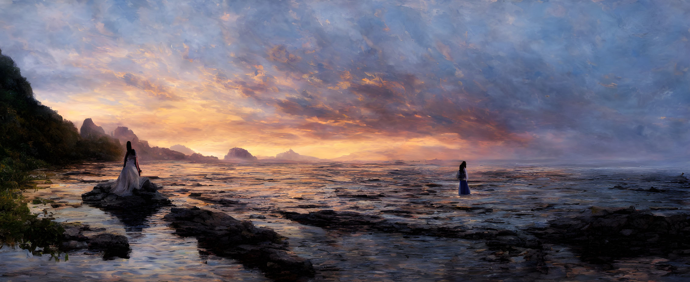 Panoramic sunset seascape painting with orange and blue skies, rocky shoreline, and distant cliffs