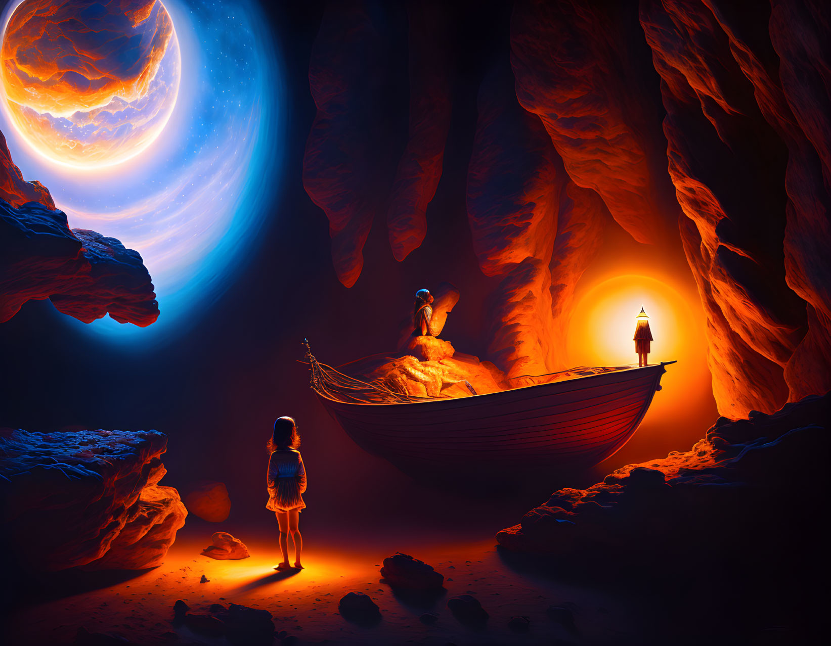 Girl in cave gazes at boat with lantern under large moon.