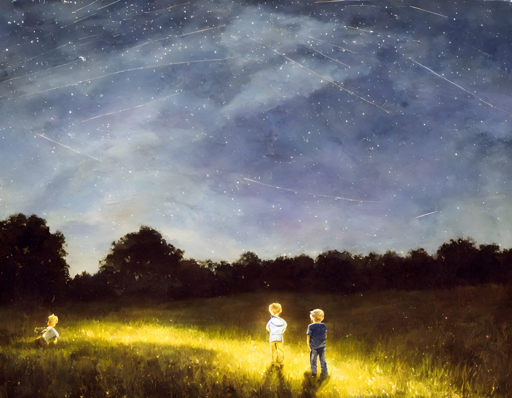 Children admiring shooting stars in a starry night field