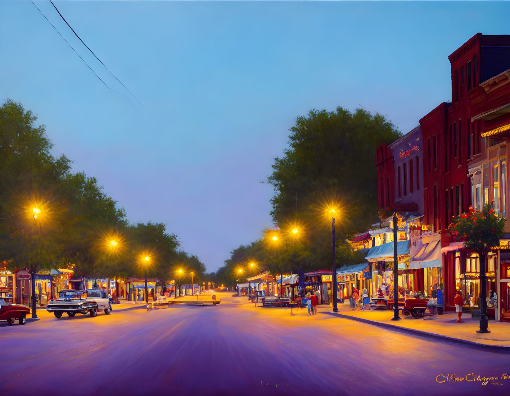 Vintage buildings and parked cars on serene town street at twilight