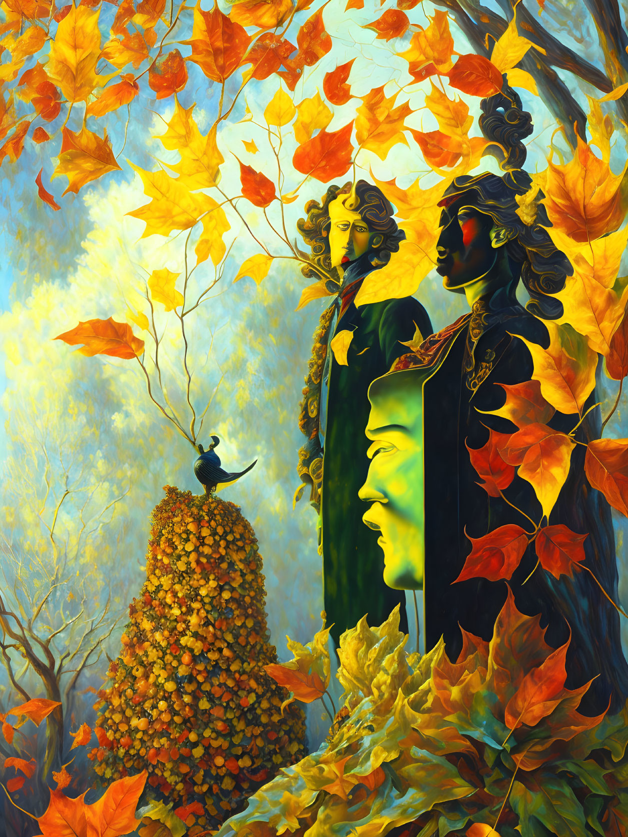 Colorful Painting: Two Masked Figures in Autumn Setting