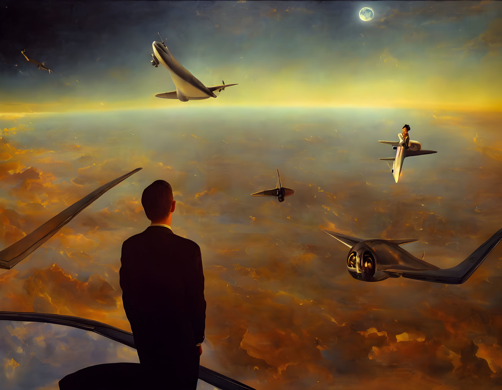 Man in suit watches vintage airplanes in sky with crescent moon.