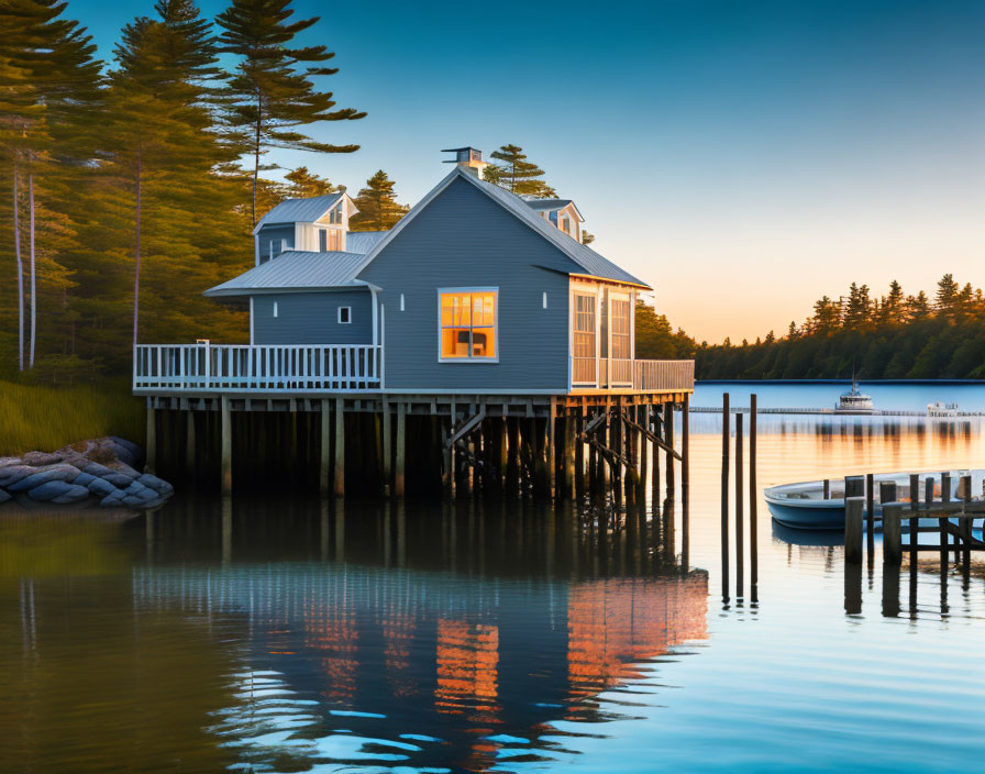 Tranquil waterfront dusk scene with stilted house, boat, and forested shores