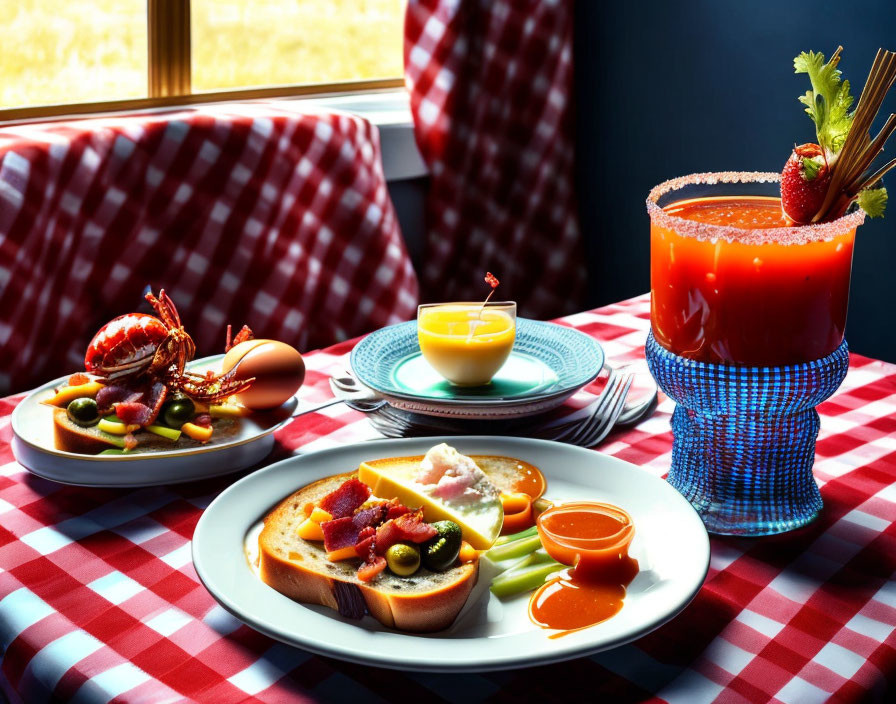 Colorful Brunch Spread with Bloody Mary, Lobster, Eggs, and Toast