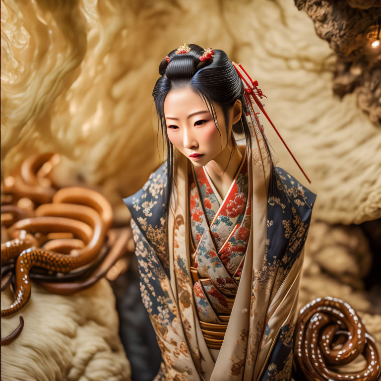 Traditional Japanese attire woman with intricate hairstyle and golden patterns.