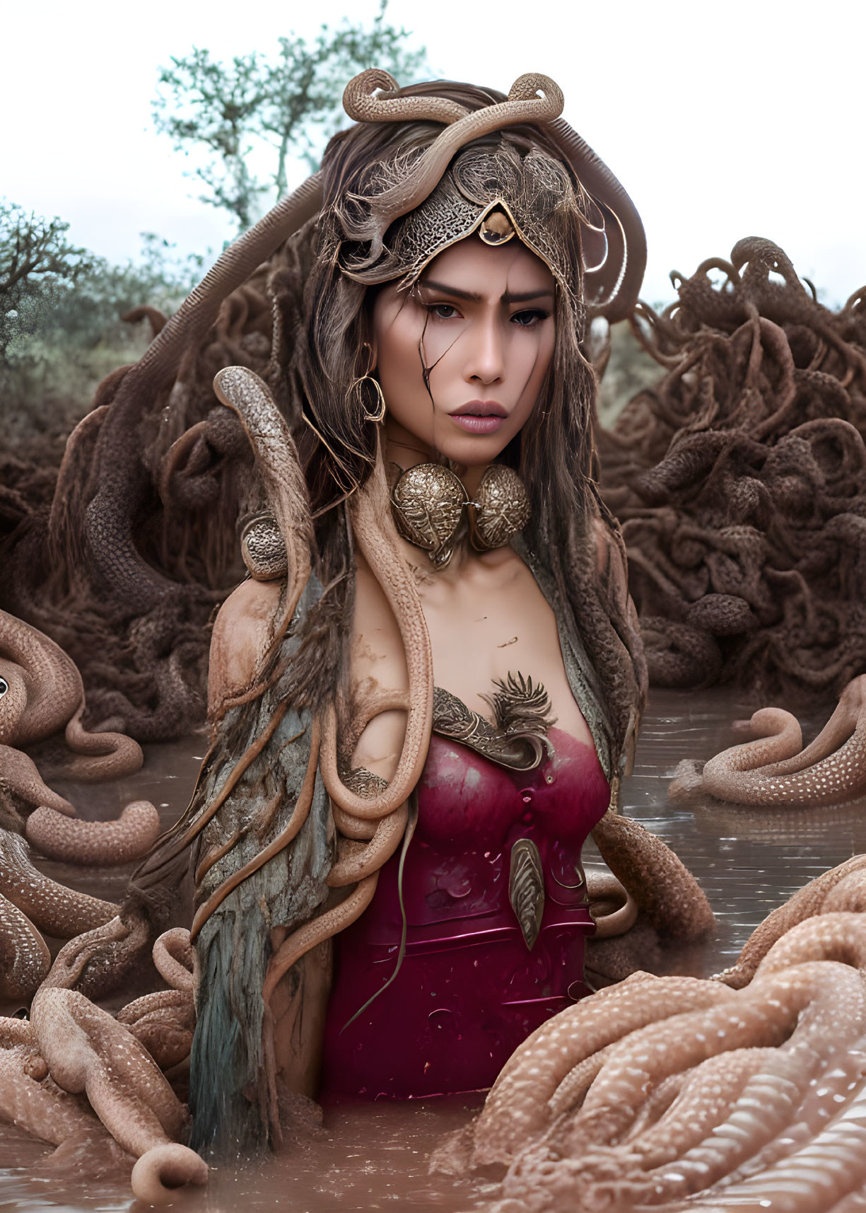 Fantastical woman with snake-themed headgear surrounded by serpents