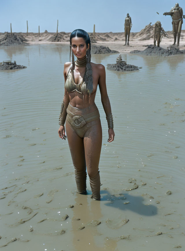 Golden Outfit Figure in Shallow Water with Tall Structures and Figures