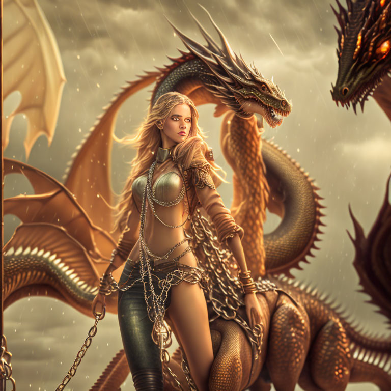 Blonde warrior woman in armor with chain and dragon under stormy sky