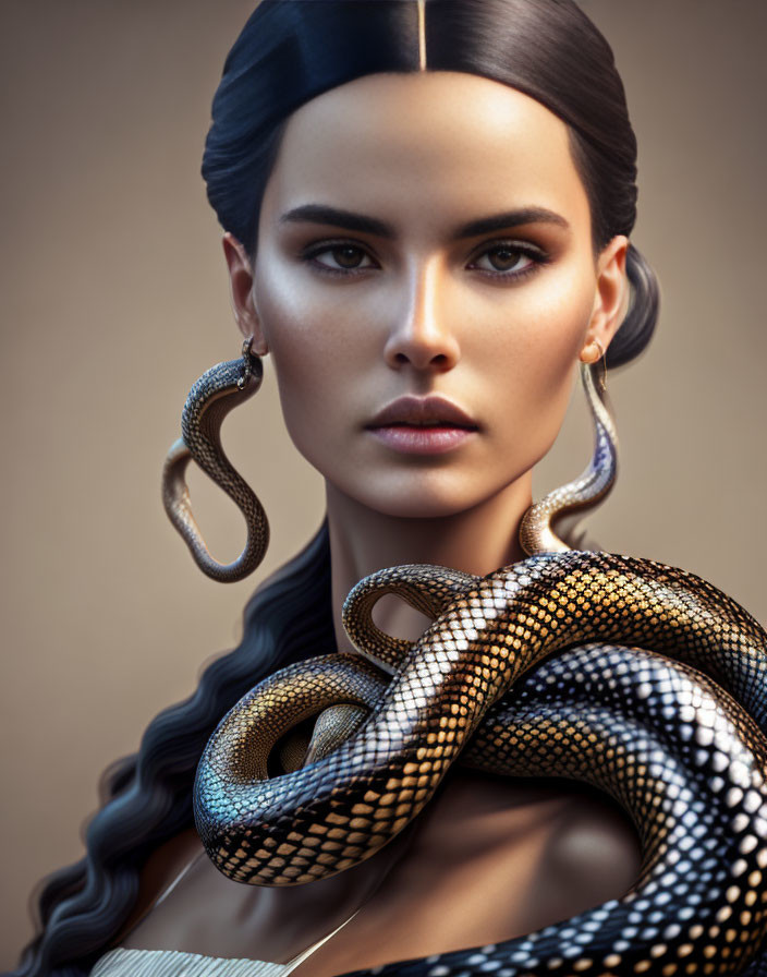 Digital Art: Woman with Dark Hair and Intense Gaze with Snake Wrapped Around Neck