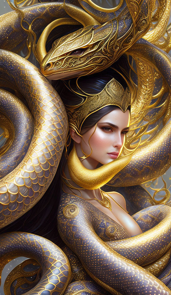 Detailed Illustration: Woman with Dark Hair and Golden Crown, Surrounded by Ornate Serpent