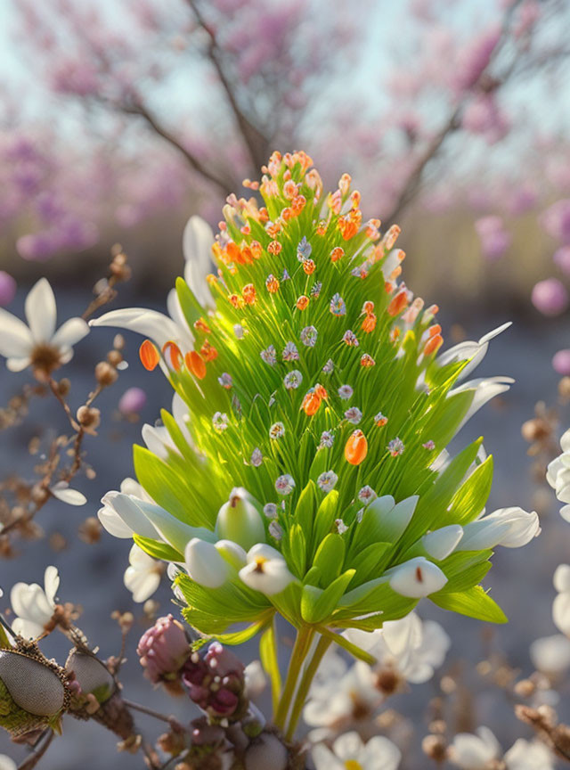 Green plant with orange-tipped buds and white flowers in pink floral setting