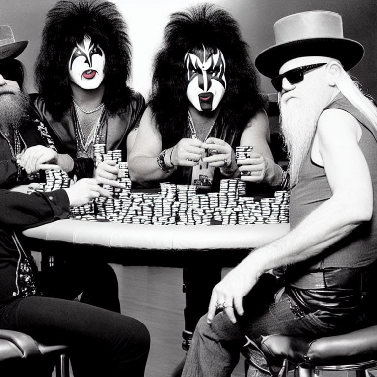 Four People with Rock Band Face Paint Playing Poker with Chips