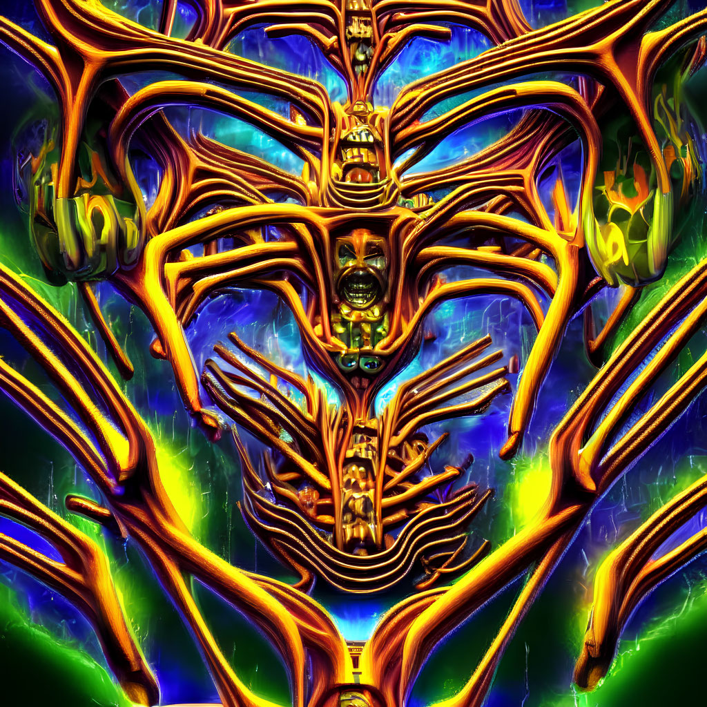 Symmetrical abstract art with pipe and face patterns in blue, orange, and green hues