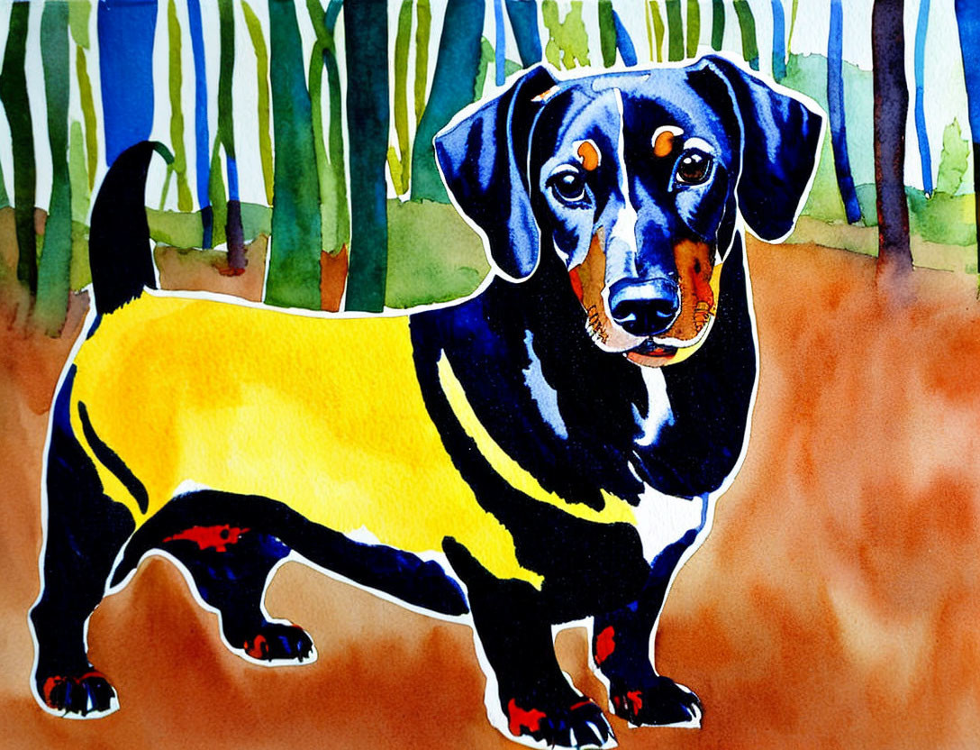 Watercolor painting of black and tan dachshund in vibrant forest