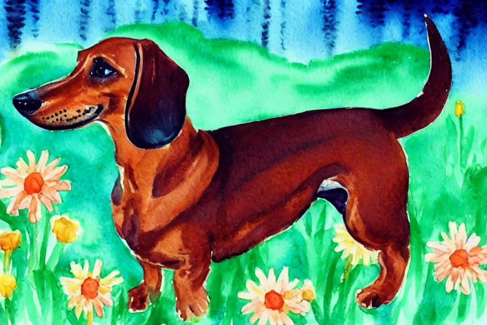 Brown Dachshund in Green Grass with Daisies and Blue-Green Background