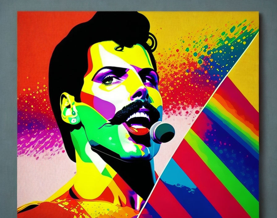 Vibrant Pop Art Portrait of Man with Mustache and Microphone