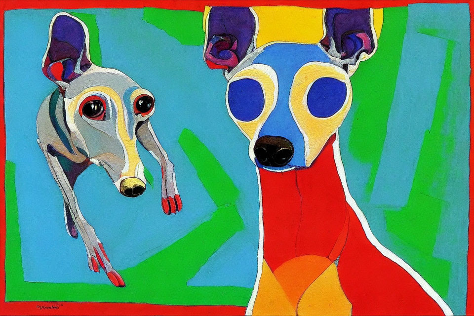 Vibrant painting of two stylized dogs on geometric backdrop