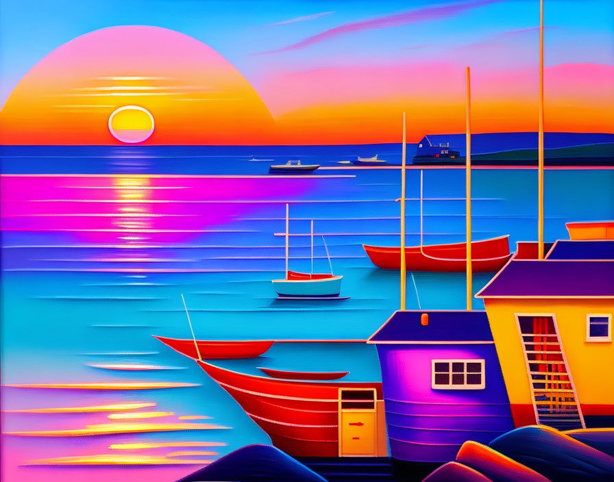 Colorful Stylized Coastal Sunset Painting with Boats and Buildings