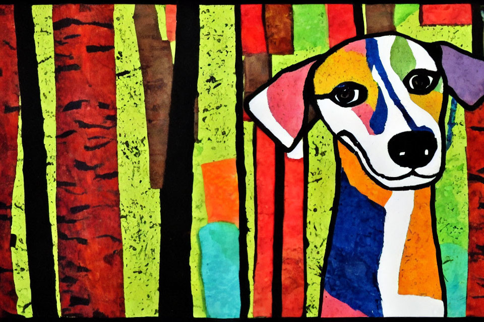 Vibrant abstract art: Stylized multicolored dog on striped background