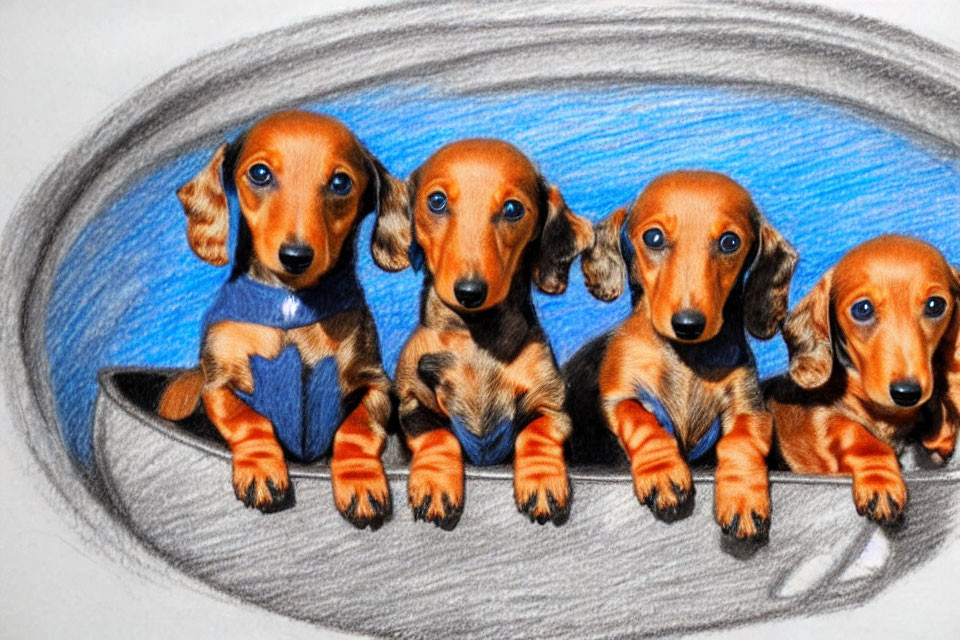 Four Dachshund Puppies with Different Coat Patterns on Blue Background