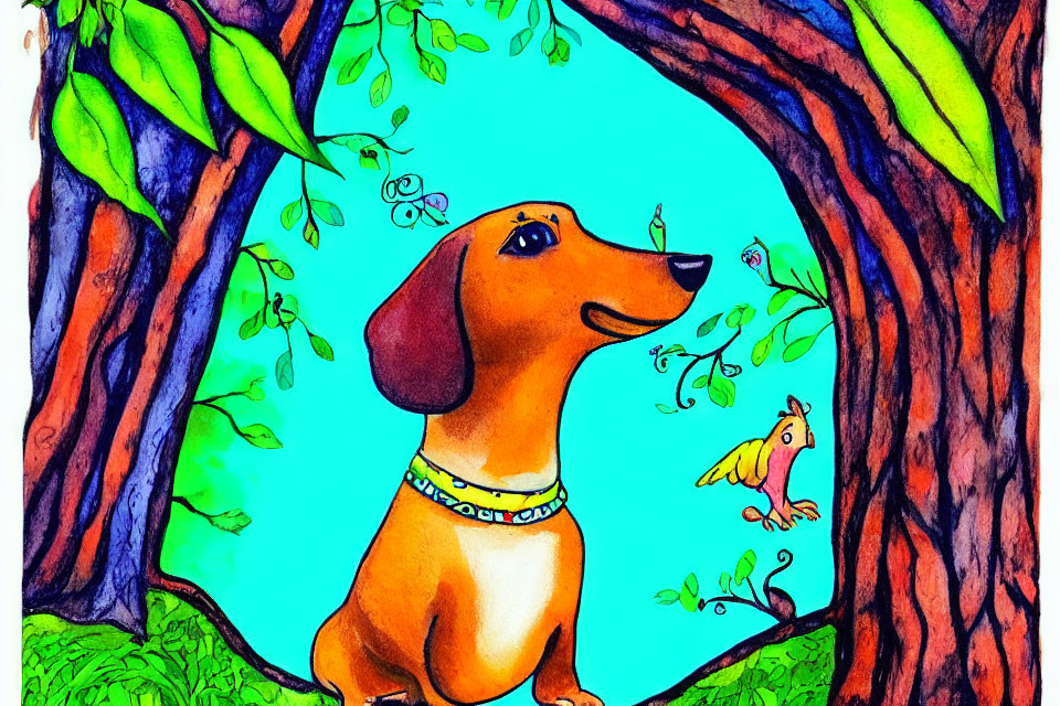 Vibrant illustration of brown dachshund with bird in nature