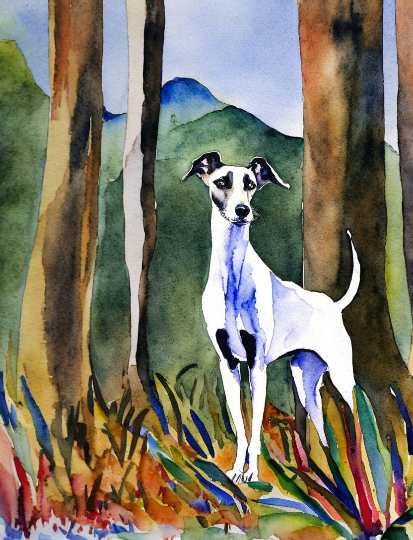 White and black dog in colorful forest with tall trees and vibrant undergrowth