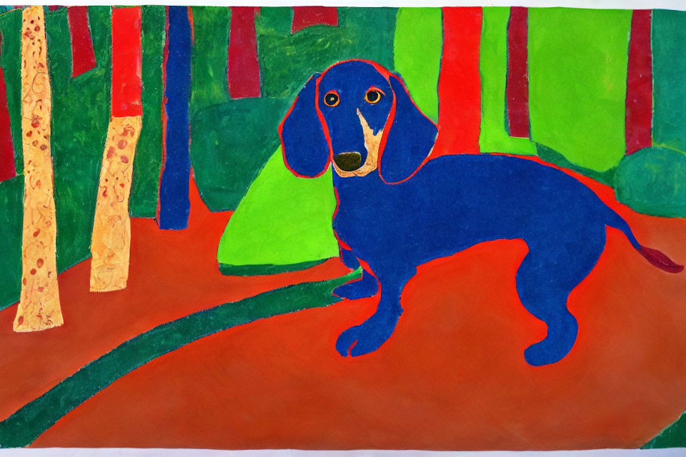 Vibrant handmade drawing of blue dachshund on path with abstract green trees