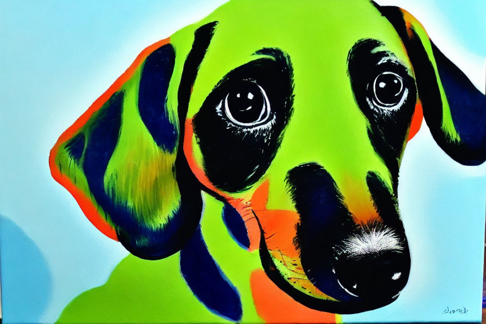 Vibrant dachshund painting with expressive eyes and colorful palette