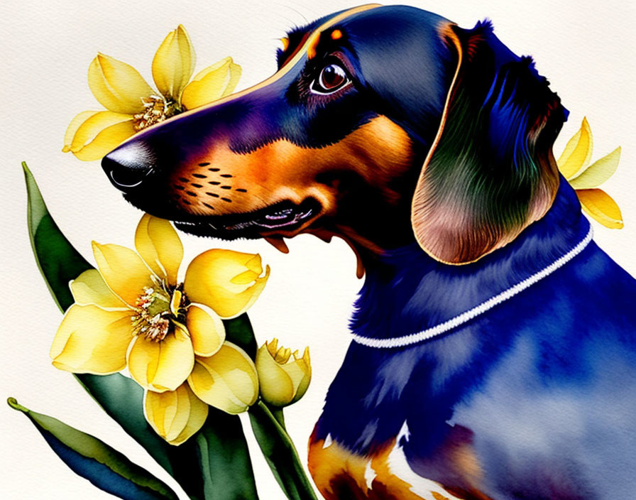 Dachshund illustration with yellow flowers on white background