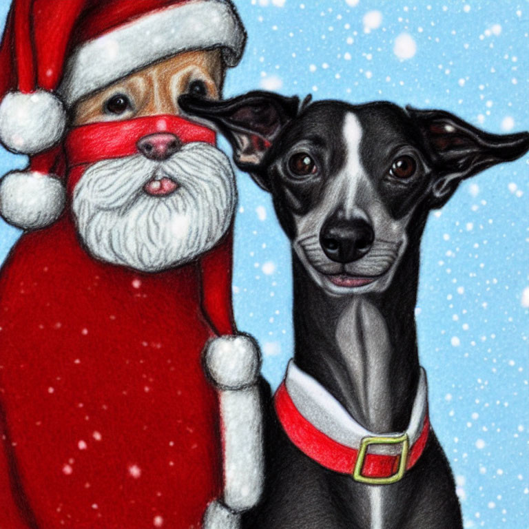 Whimsical dog with large ears and Santa Claus figure in falling snowflakes