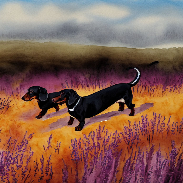 Two Dachshunds in Field of Purple Flowers at Dusk