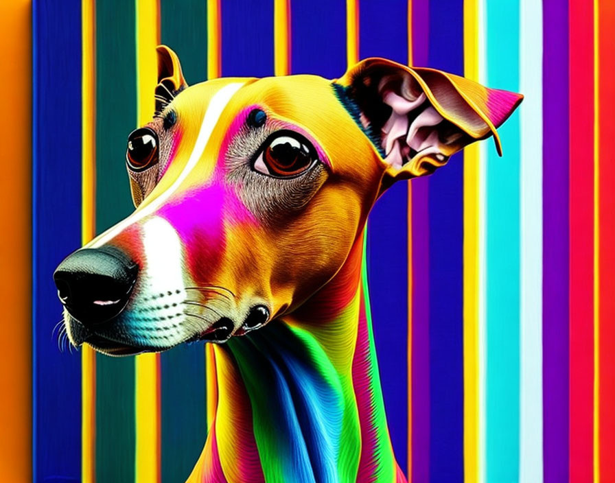 Vibrant Digital Art: Colorful Dog with Striped Background