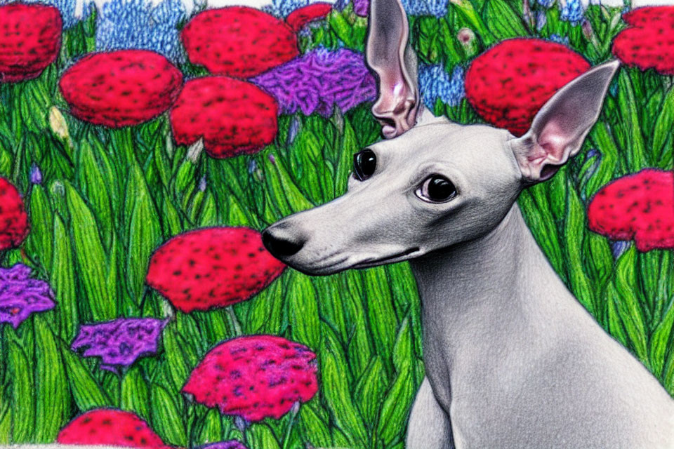 White Italian Greyhound Dog Sitting Among Colorful Flowers and Green Grass